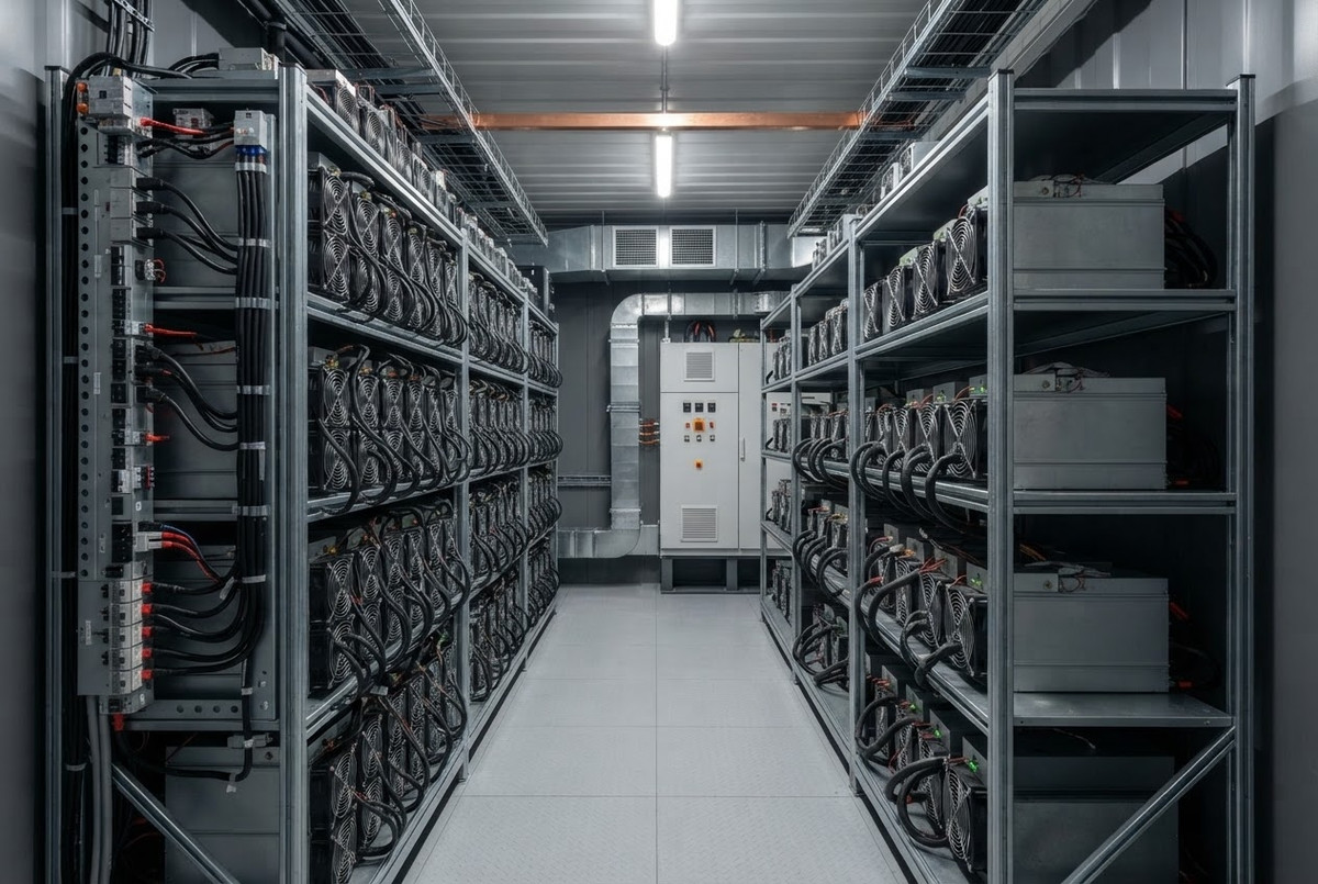 Ряды ASIC-майнеров внутри контейнера с распределением питания и вентиляцией