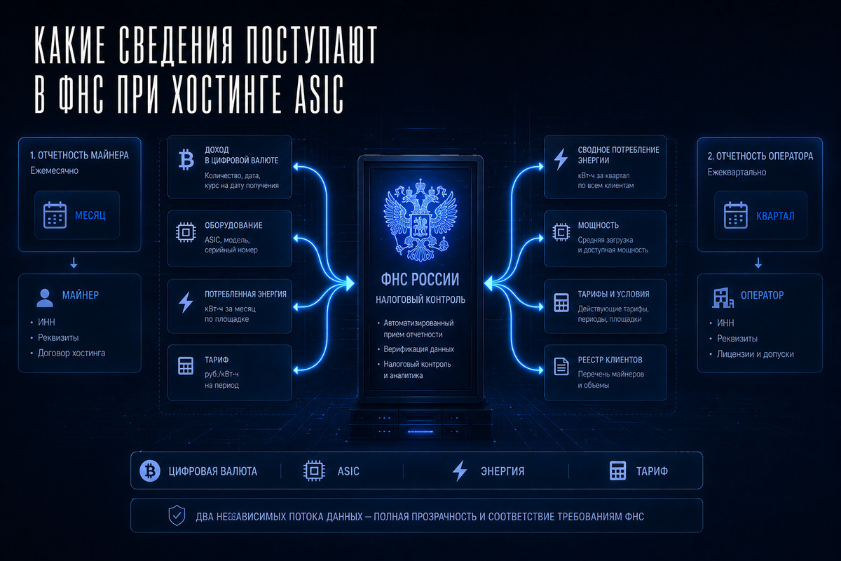 Какие сведения поступают в ФНС при хостинге ASIC: данные майнера и оператора
