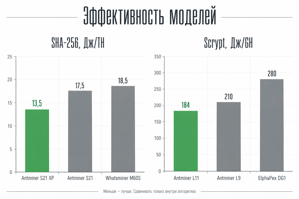 Энергоэффективность ASIC-майнеров на SHA-256 и Scrypt: сравнение моделей в Дж/TH и Дж/GH