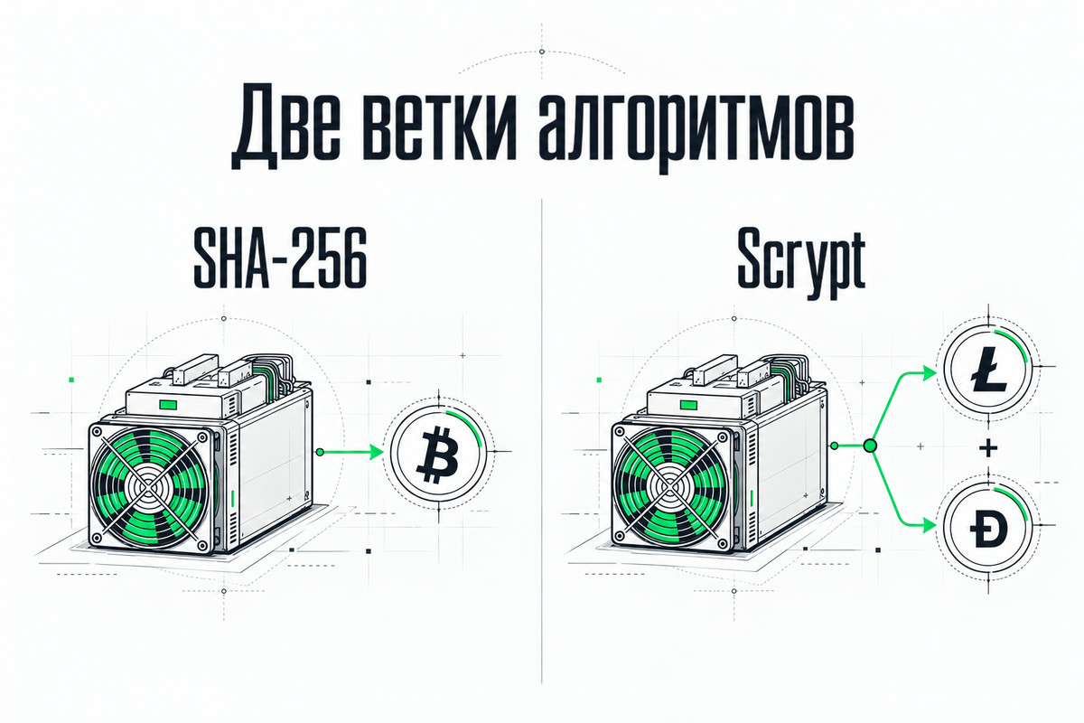 Какие монеты майнят на ASIC: SHA-256 добывает биткоин, Scrypt — лайткоин и догикоин одновременно