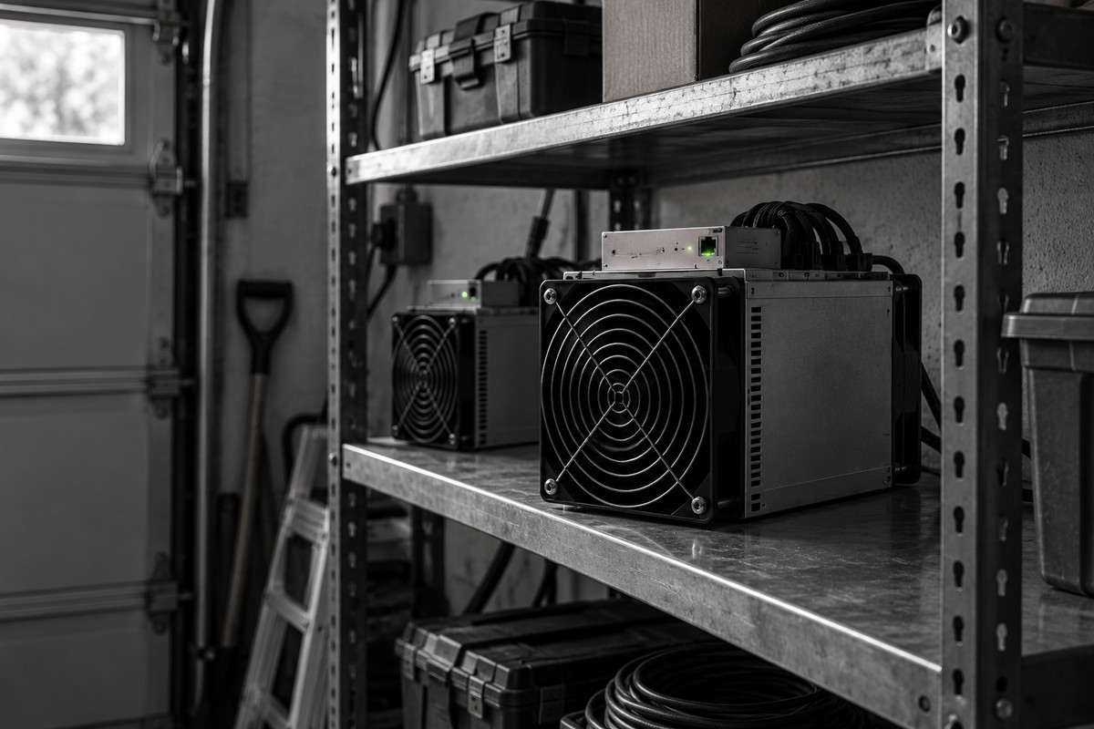 Майнинг дома: два ASIC на металлическом стеллаже в гараже рядом с бытовыми вещами и инструментом