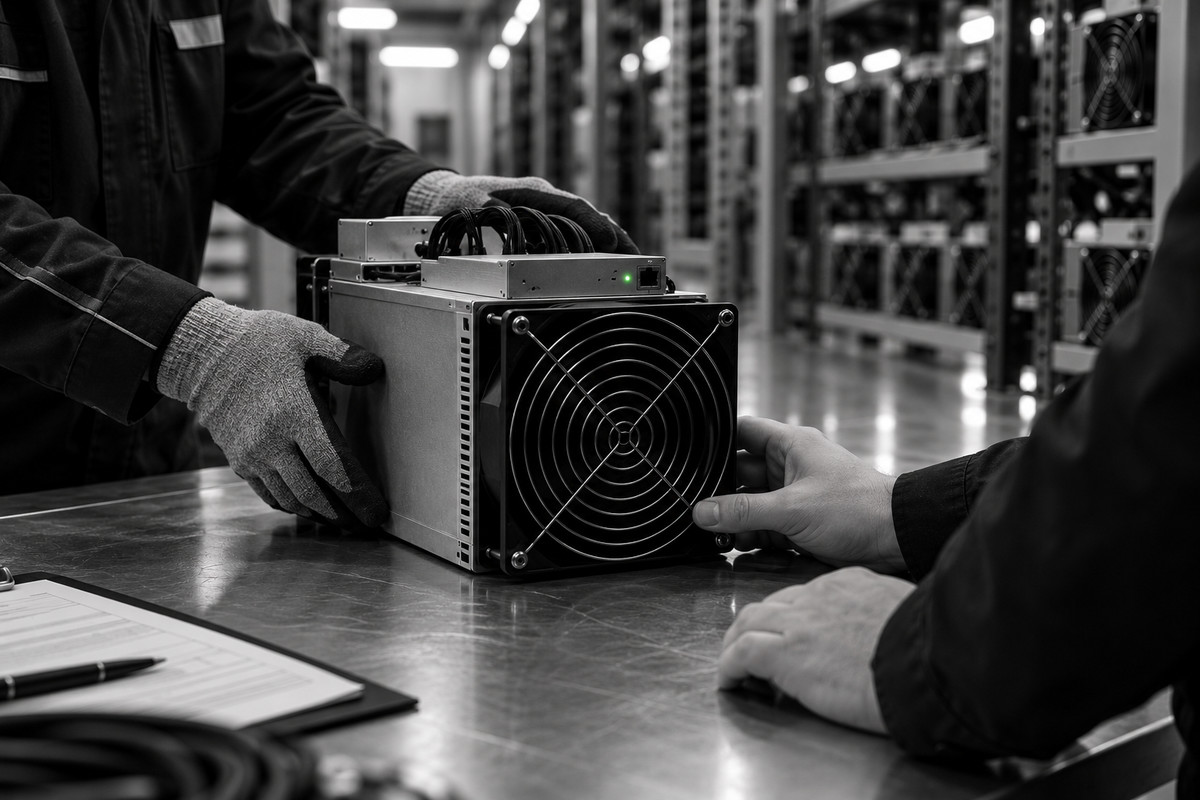 Майнинг-отель: передача ASIC на размещение — устройство на столе приёмки рядом с документом о передаче