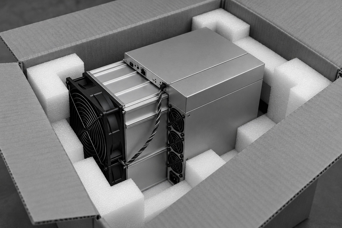 Переезд в майнинг-отель: ASIC в картонной коробке с защитными вкладышами перед отправкой на площадку