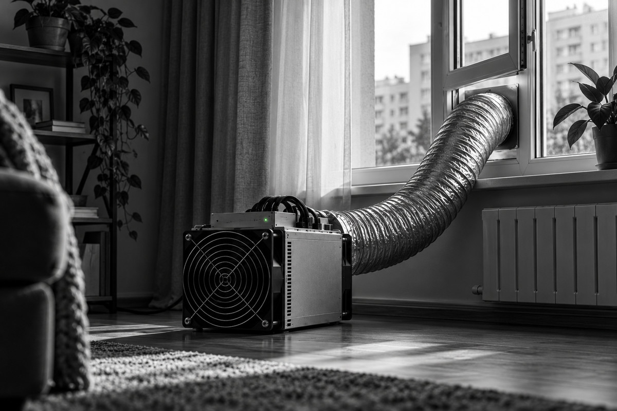 Майнинг в квартире: ASIC на полу жилой комнаты и воздуховод, выведенный в окно многоквартирного дома