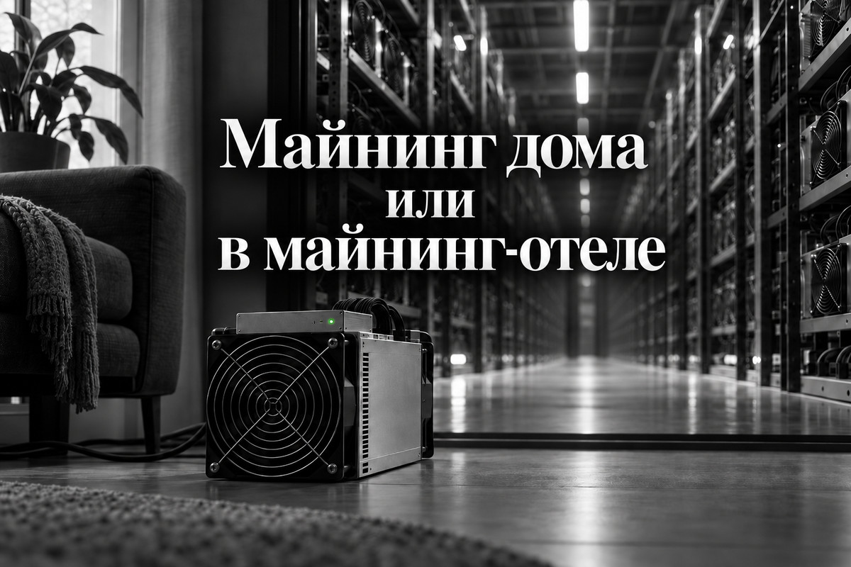Майнинг дома или в майнинг-отеле: ASIC в жилой комнате на фоне рядов стоек с оборудованием в дата-центре