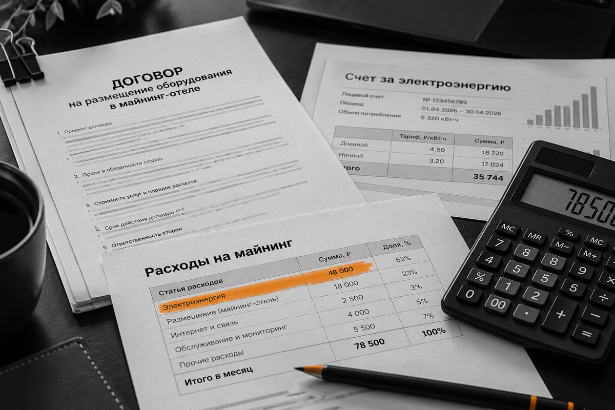 Майнинг дома или в майнинг-отеле: договор на размещение, счёт за электроэнергию и калькулятор на столе