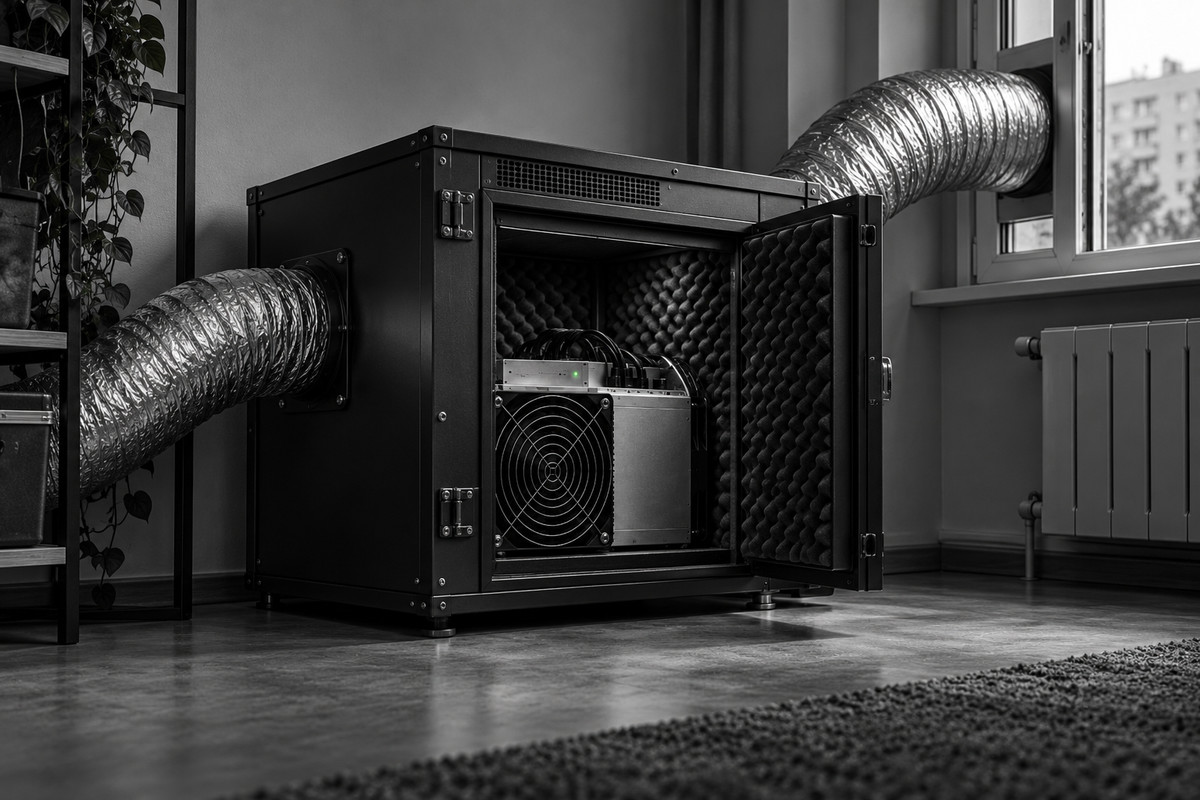 Шум при майнинге дома: шумозащитный короб для ASIC с двумя воздуховодами в жилой комнате