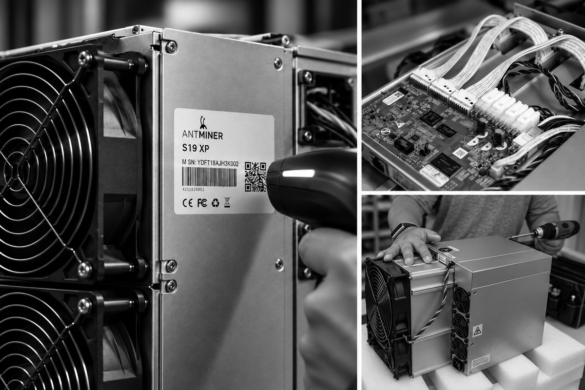 Майнинг-отель: проверка ASIC перед размещением — наклейка с серийным номером, плата и упаковка