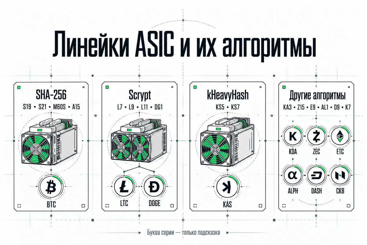 Линейки ASIC и их алгоритмы: SHA-256 для биткоина, Scrypt для лайткоина и догикоина, kHeavyHash для Kaspa