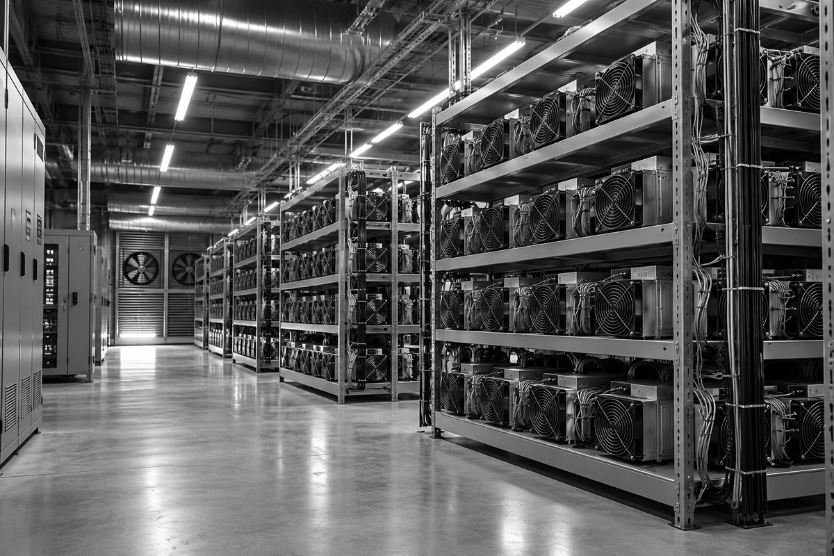 Майнинг-отель изнутри: ряды стоек с ASIC, вытяжные вентиляторы и распределительные шкафы в дата-центре