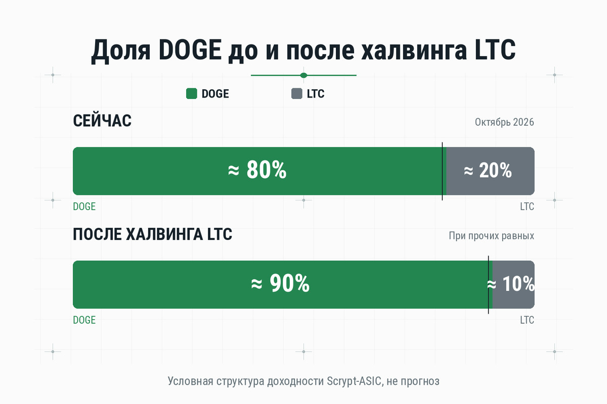 Доля догикоина в доходе Scrypt-майнинга до и после халвинга лайткоина: примерно с 80 до 90 процентов