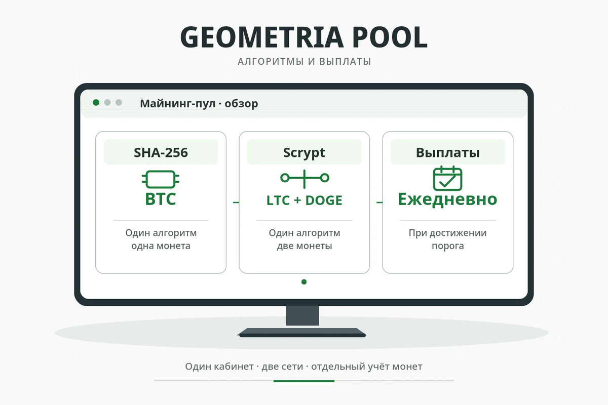 Майнинг-пул Геометрия: биткоин на SHA-256, лайткоин и догикоин на Scrypt, ежедневные выплаты